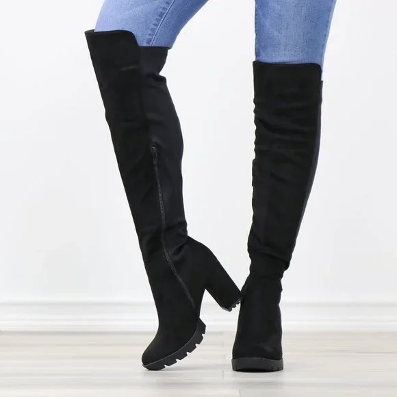 Black Thigh High Over The Knee Lug Block Heel Boots Faux Suede Round Toe - Picture 13 of 14